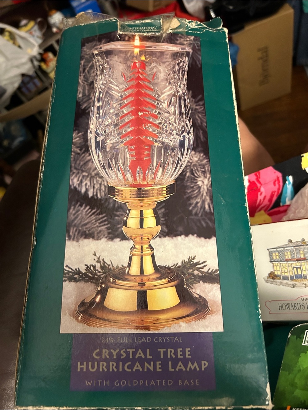 24% Full Lead Crystal Tree Hurricane Lamp with Gold-Plated Base 3 pc NIN